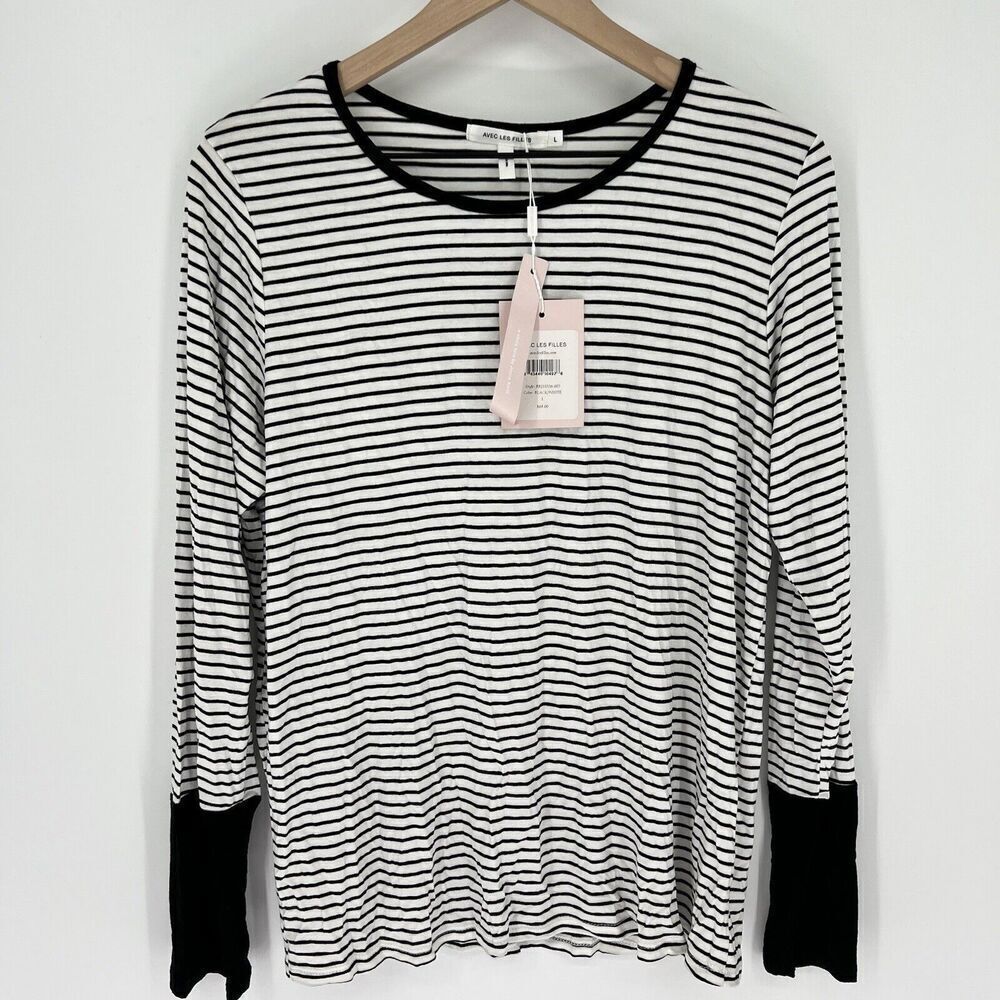 Avec Les Filles Striped Black White Blouse Size Large NWT Bamboo